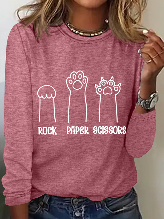 Rock Paper Scissors Hand Game Cute Paw Funny Cat Casual Text Letters Blouse