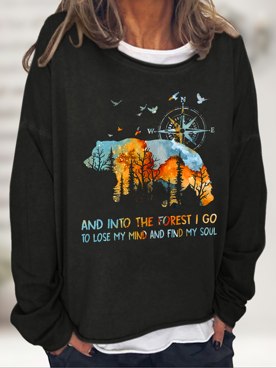 Into The Forest I Go Bear Cotton-Blend Casual Sweatshirt