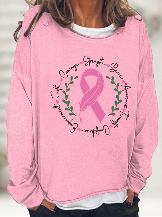 Awareness Ribbon Breast Cancer Cotton-Blend Casual Crew Neck Sweatshirt