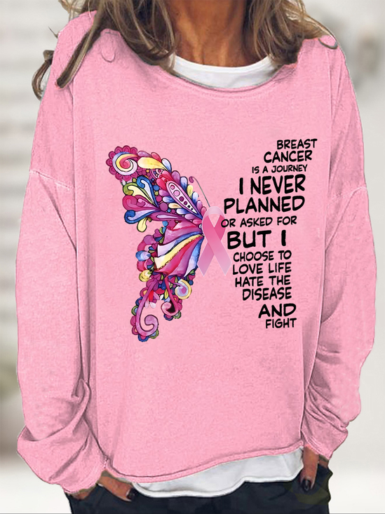 Breast Cancer Awareness Butterfly Graphic Casual Loose Animal Sweatshirt