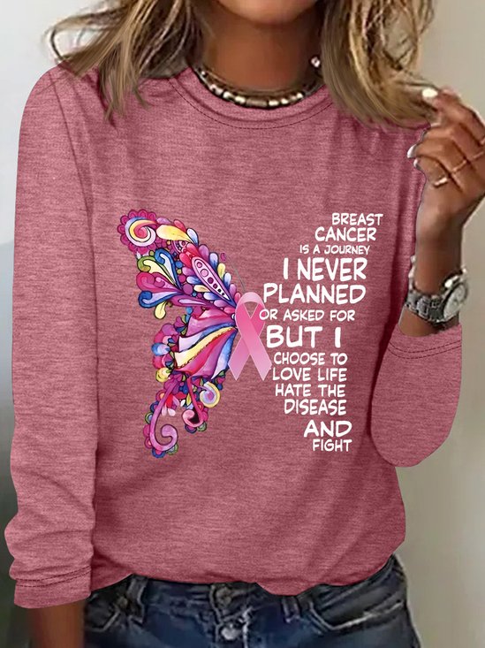 Breast Cancer  Awareness Butterfly Graphic Long Sleeve Shirt