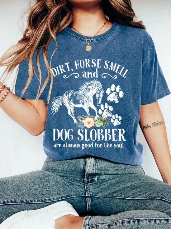 Women's Cute Horse And Dog Flower Dirt Horse Smell Vintage Distressed Shirt