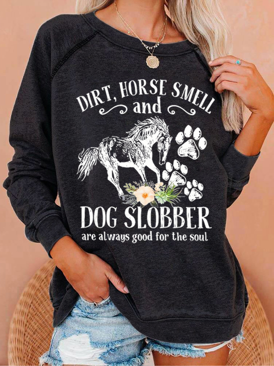 Women's Cute Horse And Dog Flower Dirt Horse Smell Animal Casual Crew Neck Sweatshirt