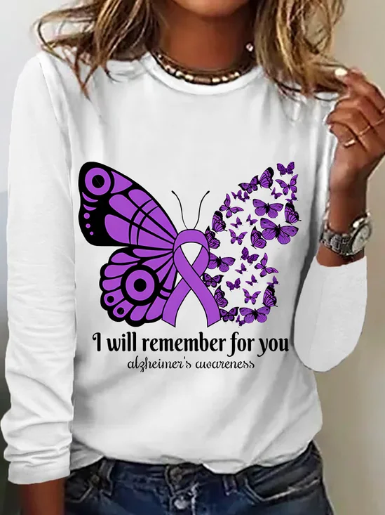Women's Alzheimer's Awareness Butterfly Print Casual Long Sleeve Shirt