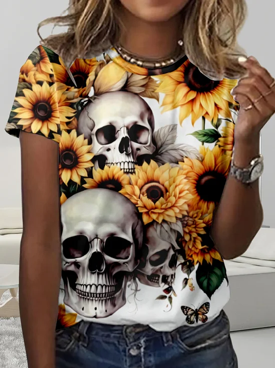 Simple Sunflower Skull Regular Fit T-Shirt