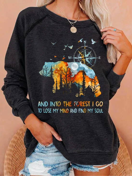 Into The Forest I Go bear Casual Text Letters Crew Neck Sweatshirt