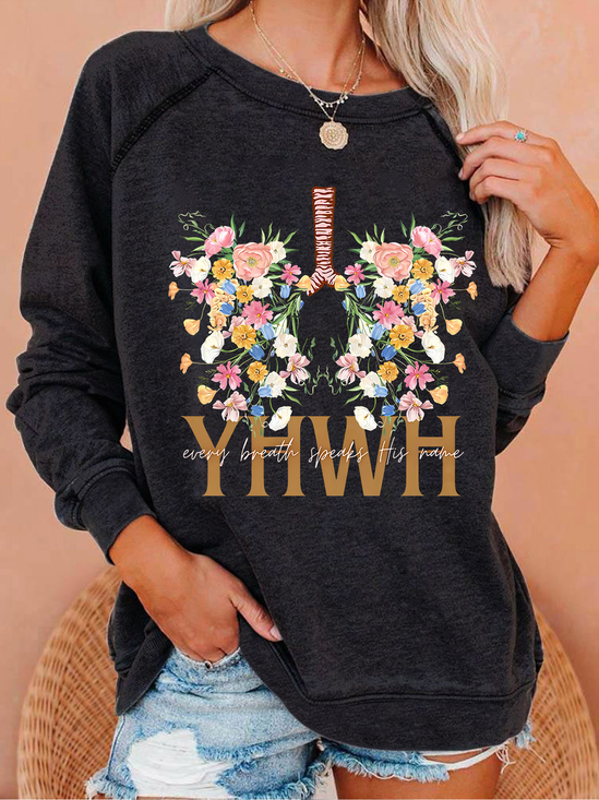 YHWH Floral Christian Text Letters Casual Sweatshirt