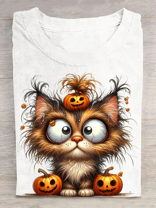 Halloween Cat Clipart with Pumpkin Hat and Big Eyes Cotton T-Shirt