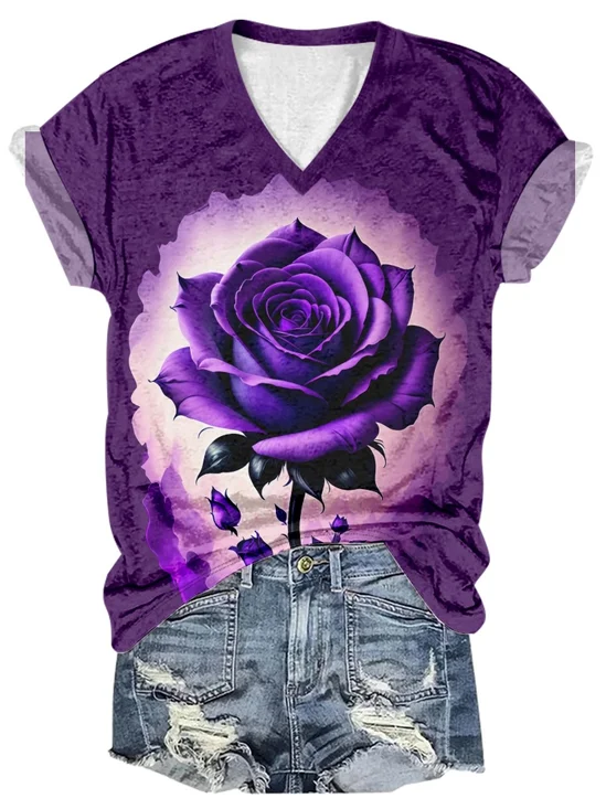 Women's Alzheimer's Awareness Purple Rose Print V-Neck T-Shirt