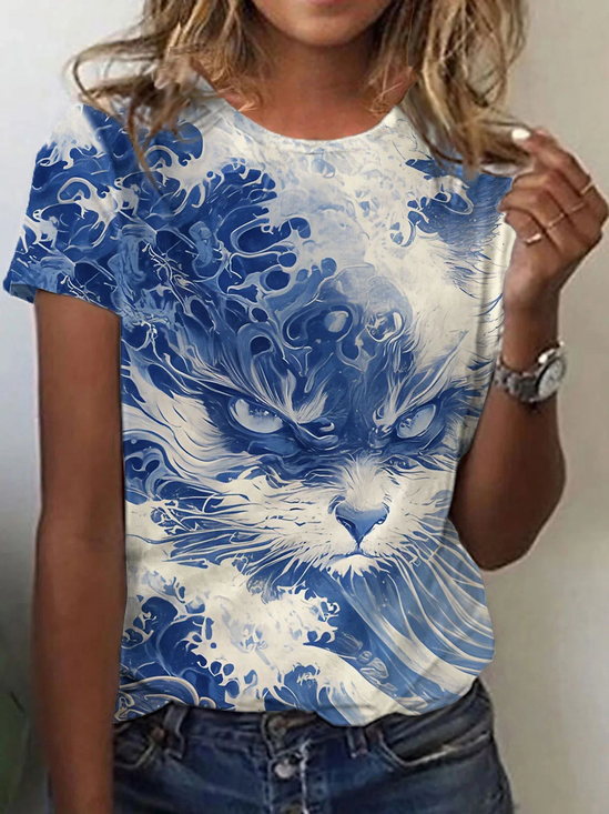 Women'sBlue Waves&Cats Print T-Shirt