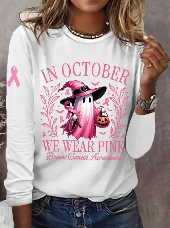 Women's In October We Wear Pink Halloween Ghost Breast Cancer Awareness Warrior Long-Sleeve T-Shirt