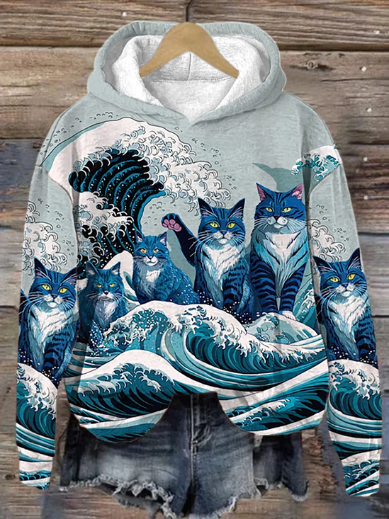 Women's Blue Waves & Cats Print Hoodie