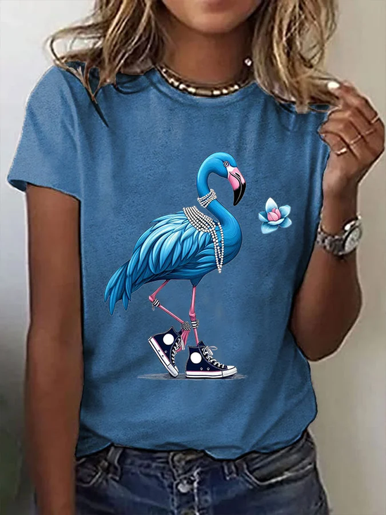 Women's Pearl Necklace Canvas Shoes Flamingo Print Round Neck T-Shirt