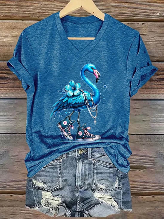 Women's Pearl Necklace Canvas Shoes Blue Flamingo Print T-Shirt