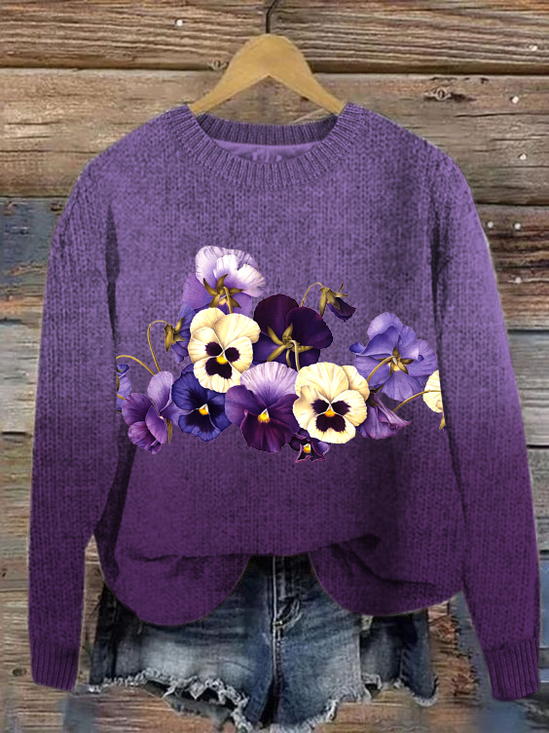 Women's Alzheimer's Purple Floral Print Crew Neck Loose Sweater