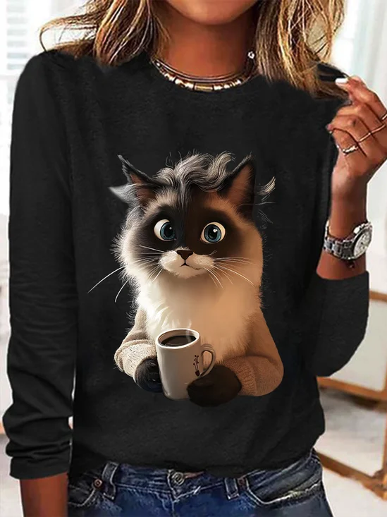 A Cat Drinking Coffee Is Looking At You Casual Long Sleeve Shirt