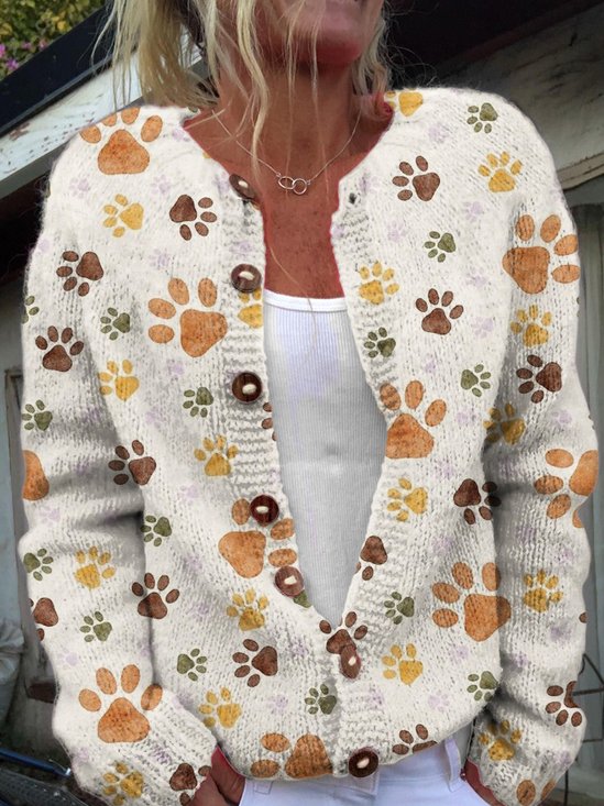 Dog paw print casual button knit cardigan