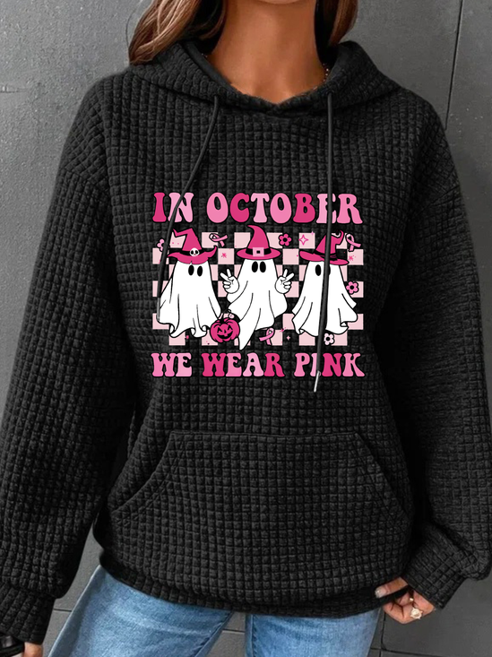 In October We Wear Pink Wizard Ghosts Breast Cancer Awareness Halloween Simple Loose Hoodie