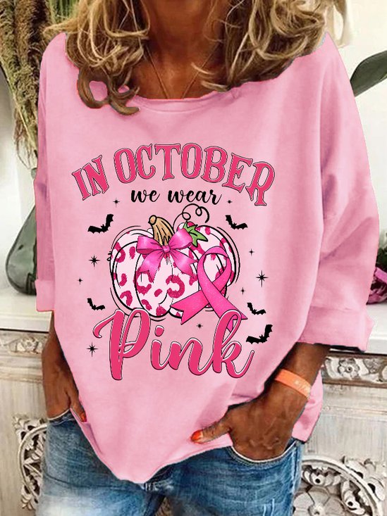 In October We Wear Pink Retro Breast Cancer Pumpkin Breast Cancer Awareness Casual Sweatshirt