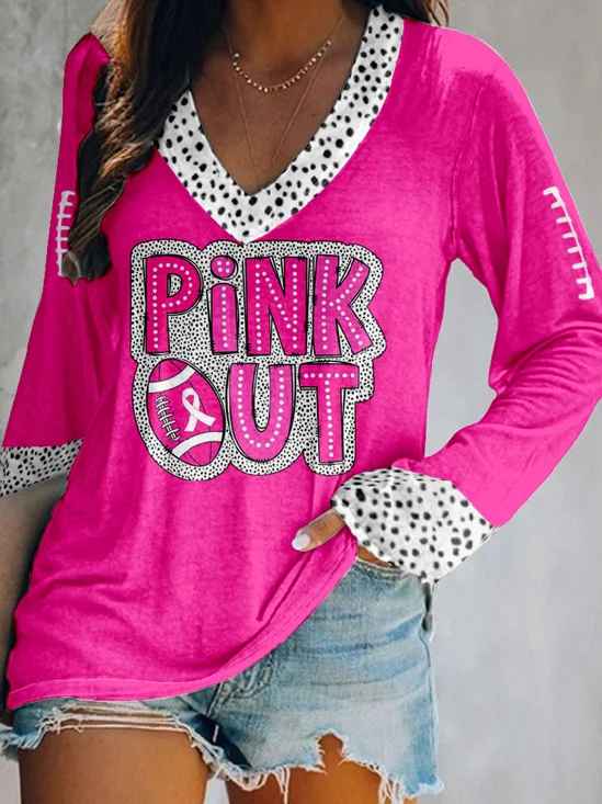 Women's Pink Out Football Breast Cancer Printed V-Neck Long Sleeve Top