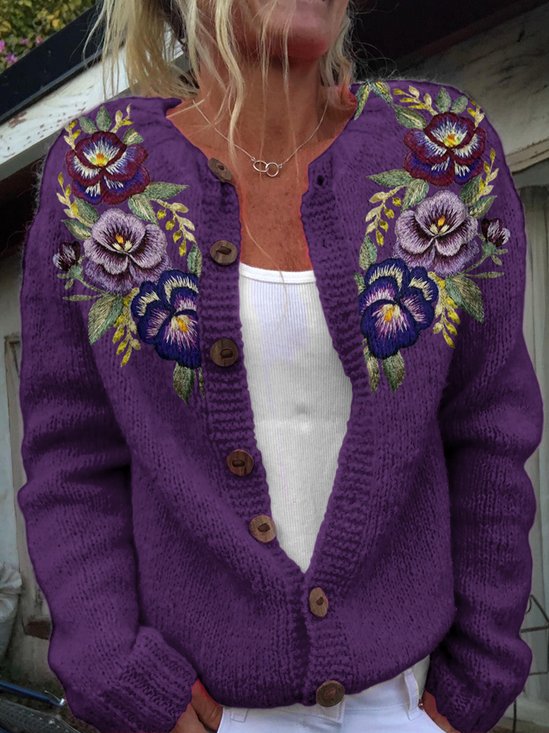 Vintage floral art knitted button cardigan