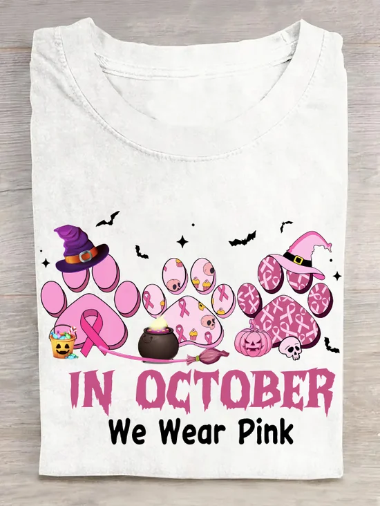 In October We Wear Pink Halloween Fur Dogs Witch Breast Cancer Awareness Cotton T-Shirt