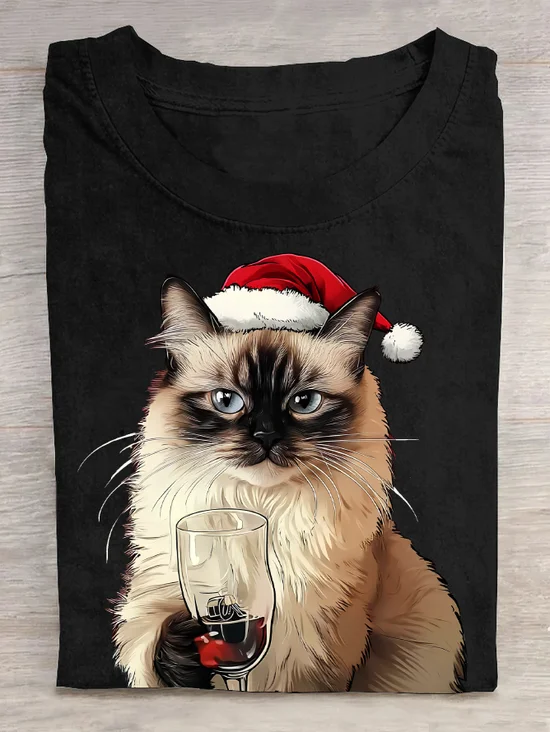 A Cat Wearing A Santa Hat And Christmas Costume And Holding A Wine Glass Cotton T-Shirt