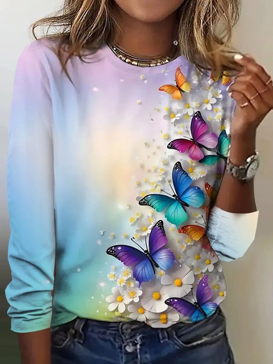 Butterfly print round neck T-shirt