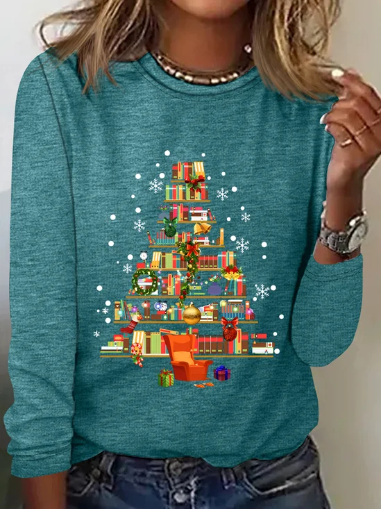 Christmas Tree Made Of Books Casual Long Sleeve Shirt