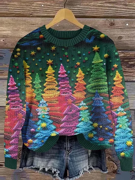 Women's Vintage Christmas Tree Print 3D Printing Casual Sweater