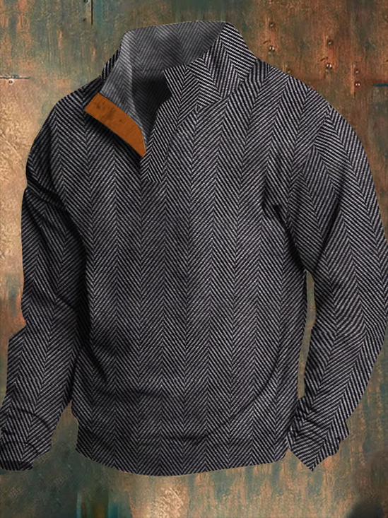 Men's Western Vintage Jacquard Herringbone Design Stand Collar Button Sweatshirt