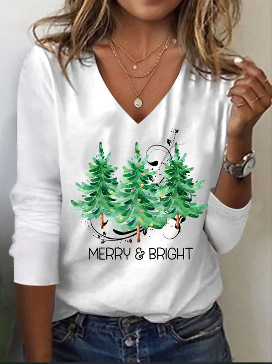 Women's Christmas Printed V-Neck Long Sleeve T-Shirt