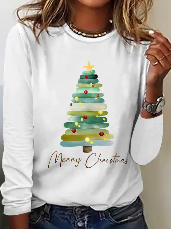 Merry Christmas Tree Print Casual Long Sleeve Shirt