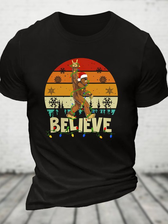 Believe Bigfoot Rock and Roll Sasquatch Christmas Cotton T-shirt