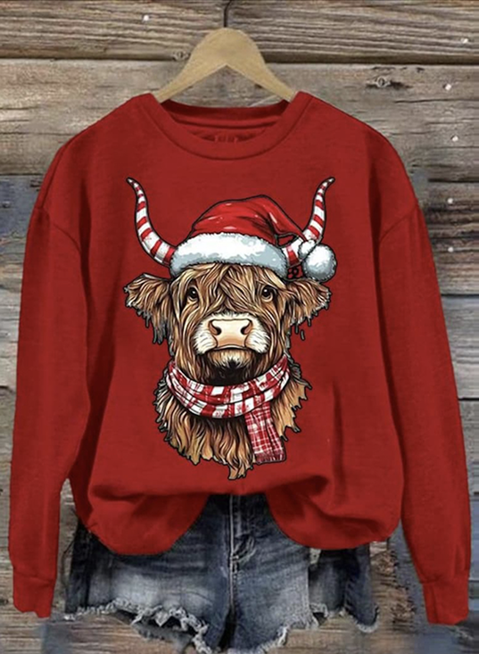 Happy Christmas Highland Cow Round Neck Sweatshirt