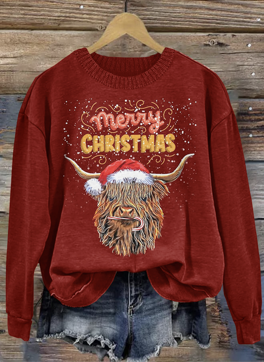 Christmas Cute Highland Cow Round Neck Sweatshirt