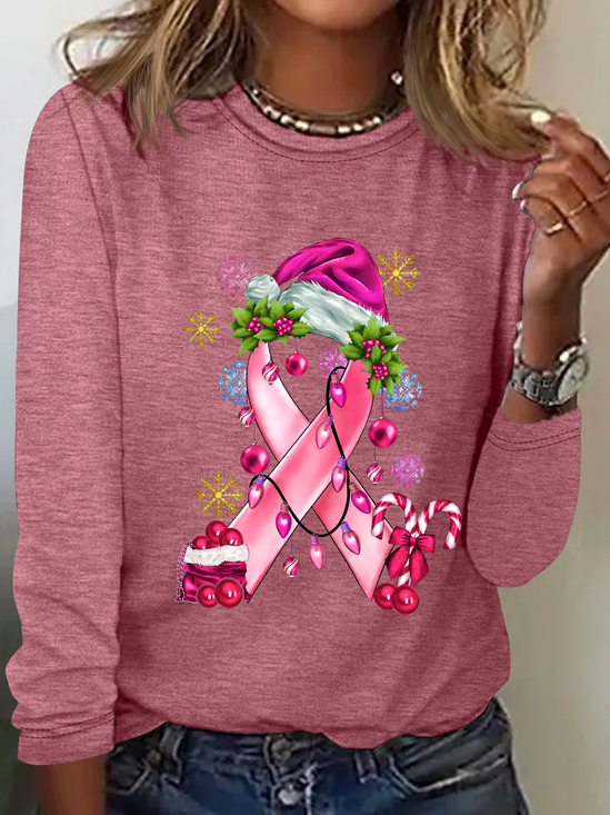 Pink Christmas Breast Cancer Casual Long Sleeve Shirt