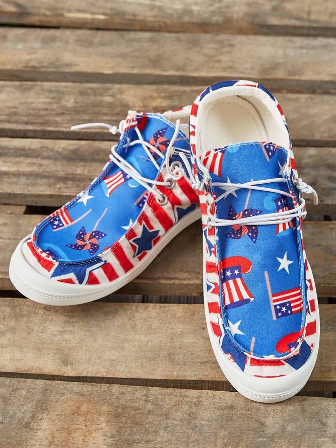 Striped Star Graphic-Print Denim Lace-Up Canvas Flats