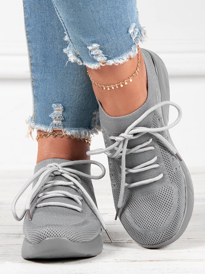Women's Mesh Platform Solid Color Lace-Up Flyknit Lightweight Soft Sole Slip-On Sneaker
