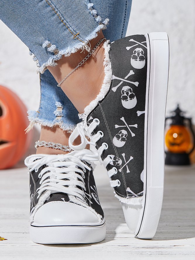 Halloween Black Skull Printed Distressed Lace Up Sneaker