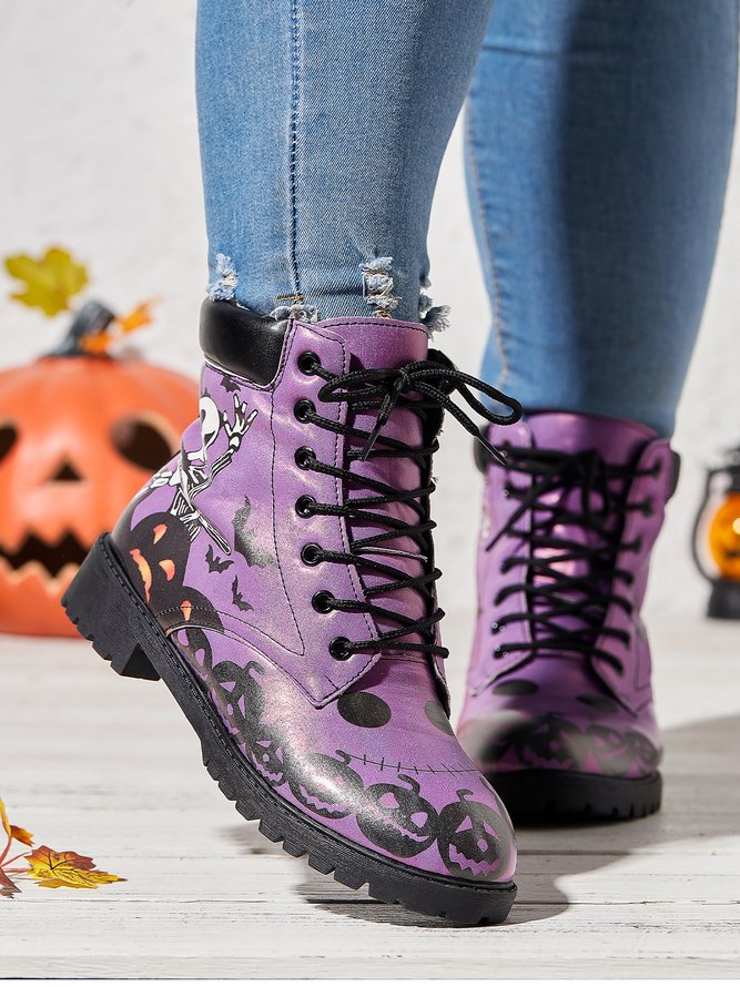 Halloween Skull Pumpkin Bat Purple Upper Boots