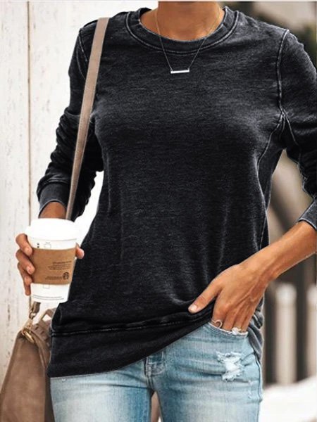 Round Neck Long Sleeve Casual Cotton-Blend T-shirt & Top