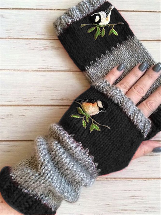 Women Casual Floral Knitted Autumn Winter Gloves Mitten