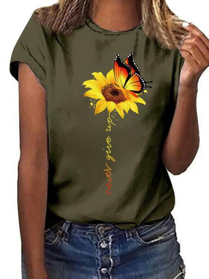 Butterfly Sunflower Round Neck Short Sleeve T-shirt
