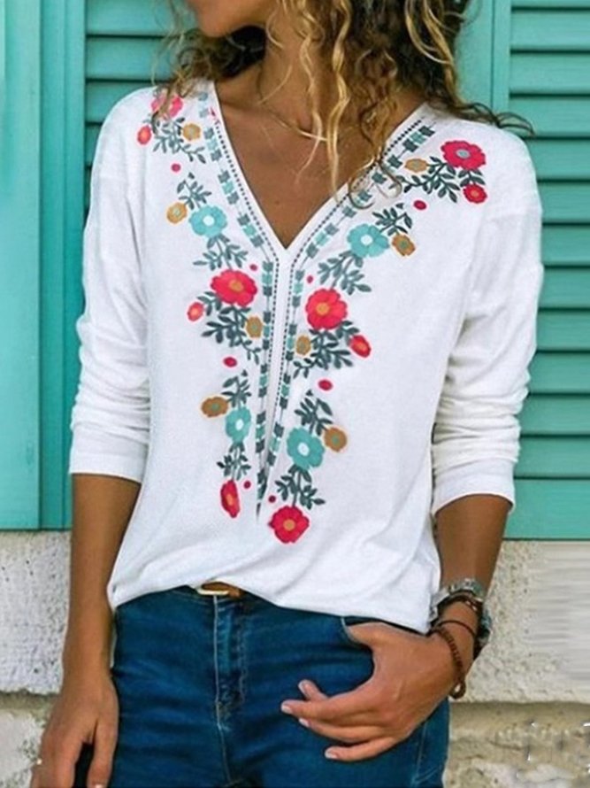 Women Floral Vintage Casual V Neck Long Sleeve Shirts Blouses