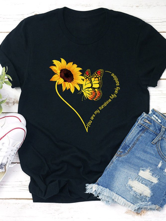 Plus Size Summer Short Sleeve Butterfly Sunflower Printed T-shirt