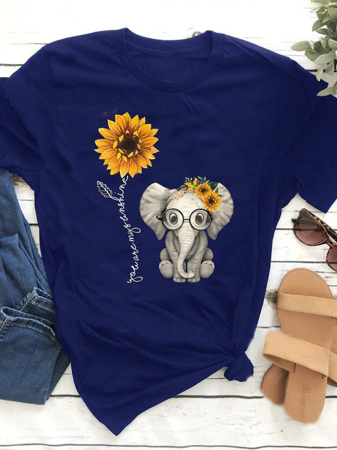 Elephant Printed Casual Round Neck Short Sleeve T-Shirt Top