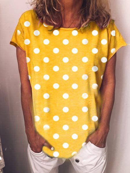 Cotton Polka Dots O-Neck Short Sleeve T-shirt