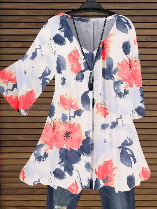 Women Floral 3/4 Sleeve V Neck Casual Cotton Shirt Tops
