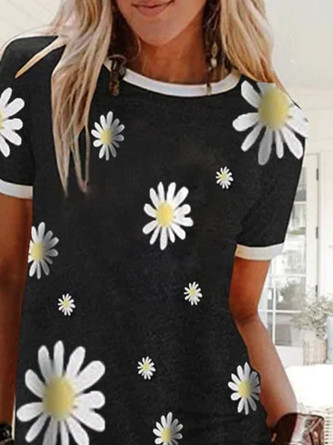 Black Cotton Round Neck Casual Printed T-shirt